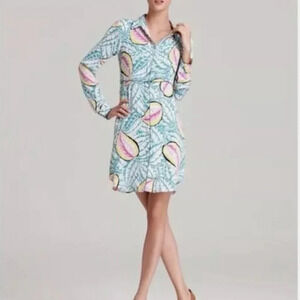 Theory Walda Shirt Dress Mini Long Sleeve Pure Silk Satin Floral Blue Size 8